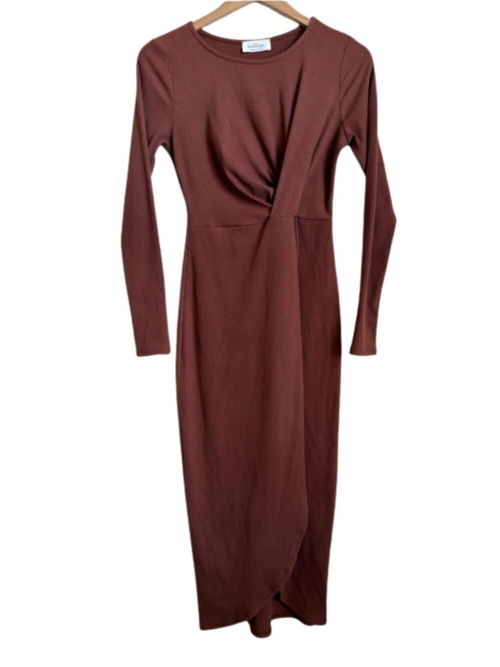 Ribbed Faux Wrap Midi Dress Small Brown Long Sleeve Stretch Knit Tulip Hem